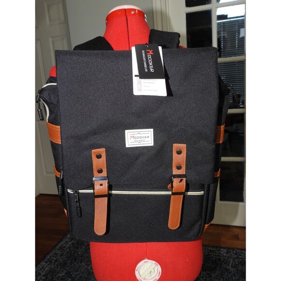 Modoker Vintage Laptop Backpack – Black with Brown Trim - Picture 1 of 6